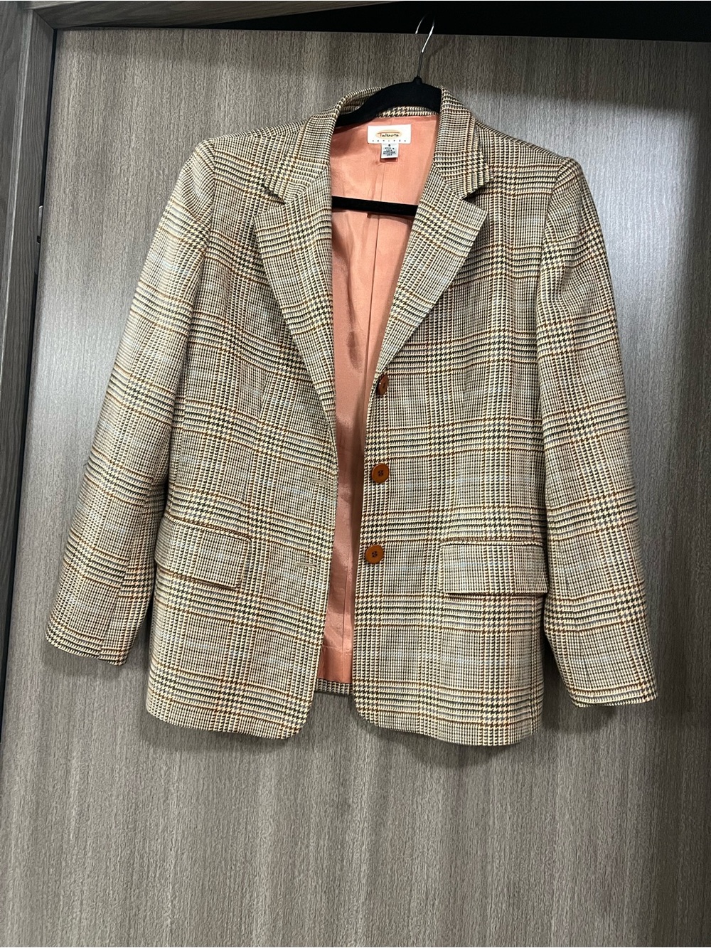 Talbots Beige Plaid Blazer with Peach Lining